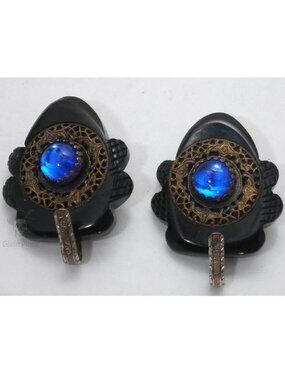 Antique 1930s Carved Bakelite & Cobalt Glass Mourning Style Cape Clasp | Pair